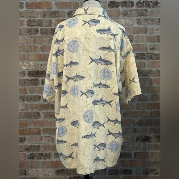 Vintage Columbia Men's Short Sleeve Shirt Fish compass Map Print Size XL cream - Picture 4 of 9